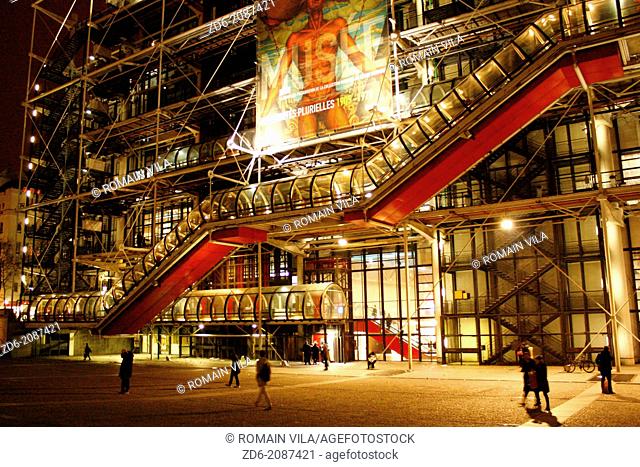 Entrance of the national center for art and culture Georges Pompidou by night, Paris, Île-de-France, France, Europe