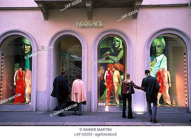 People in front of the shop windows of a boutique, Via Monte Napoleone, Milan, Lombardia, Italy, Europe