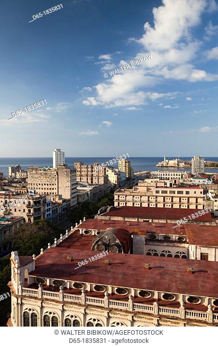 Cuba, Havana, elevated city view above Paseo de Marti towards Castillo de los Tres Santos Reyes del Morro, late afternoon