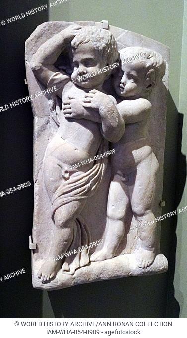 drunken boys honour Bacchus the Roman god of wine; Roman marble sarcophagus (detail) 150 AD