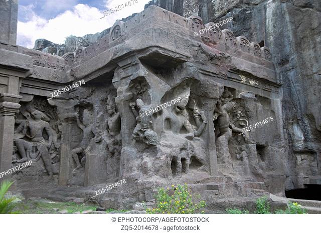 Cave 16 : Right side of the facade of rock-cut temple, showing huge Images of Gods and Goddesses. Kailasa, Ellora, Maharashtra