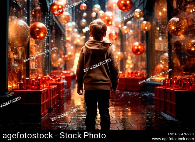 little boy looking through a display window at Christmas decorations and gifts in a store