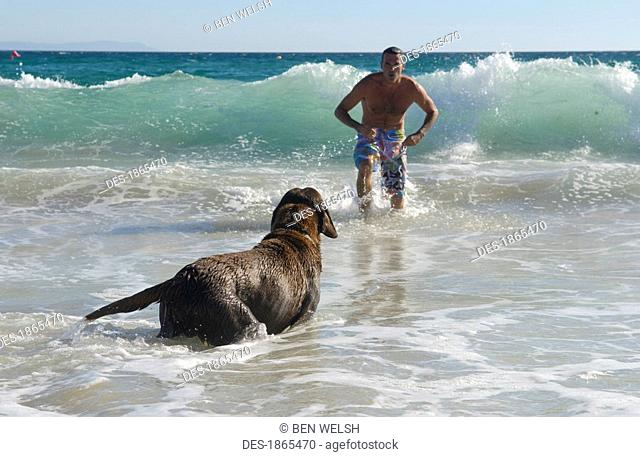 Man playing with his dog in the ocean