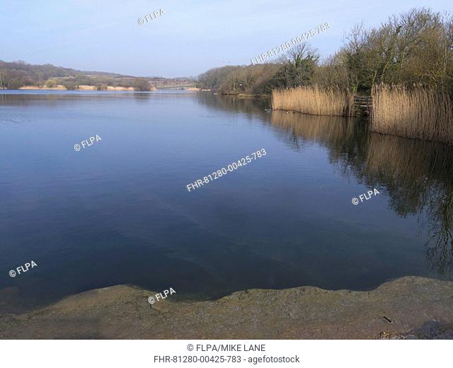 View of lake in flooded former limestone quarry, Cosmeston Lake Country Park, Vale of Glamorgan, Glamorgan, Wales, march