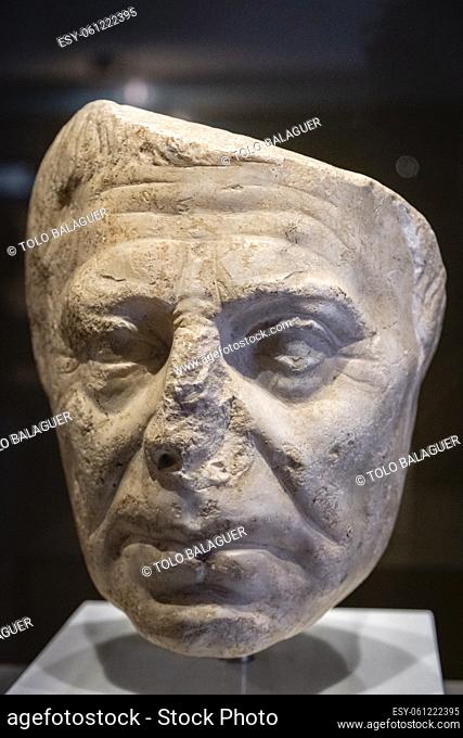 sculpted face, Monographic Museum of Pollentia, Alcudia, Mallorca, Balearic Islands, Spain