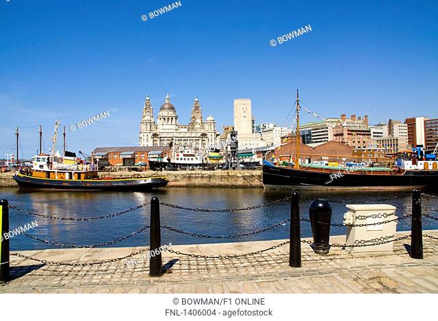 Buildings at harbor, Cunard Building, Royal Liver Building, Port Of Liverpool Building, River Mersey, Liverpool, Merseyside, North West England, England