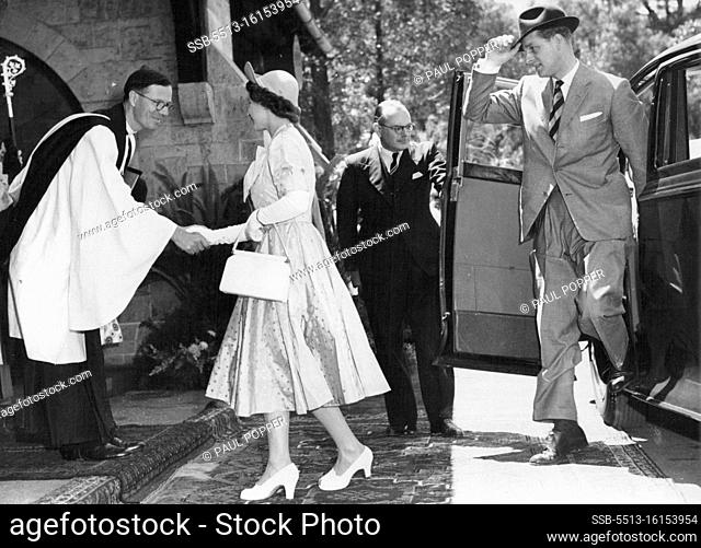 The Duke Wears A Soft Hat -- T.R.H. Princess Elizabeth and the Duke of Edinburgh arriving at Nairobi Cathedral. The Princess is being greeted by the Archdeacon...