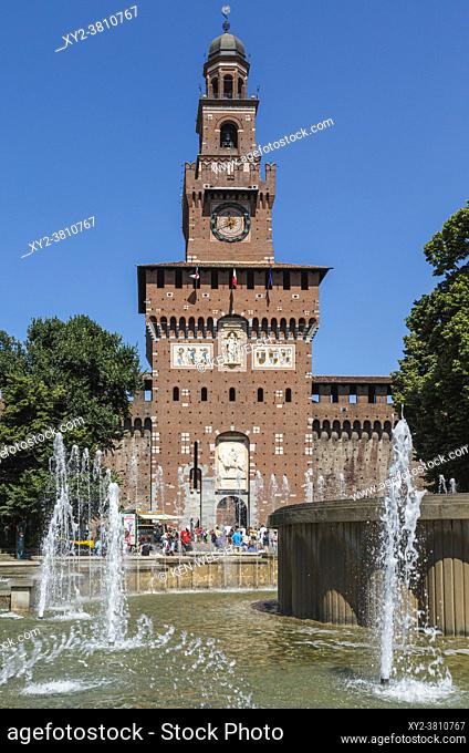 Milan, Milan Province, Lombardy, Italy. Entrance to Sforzesco Castle through the Torre del Filarete in the Piazza Castello