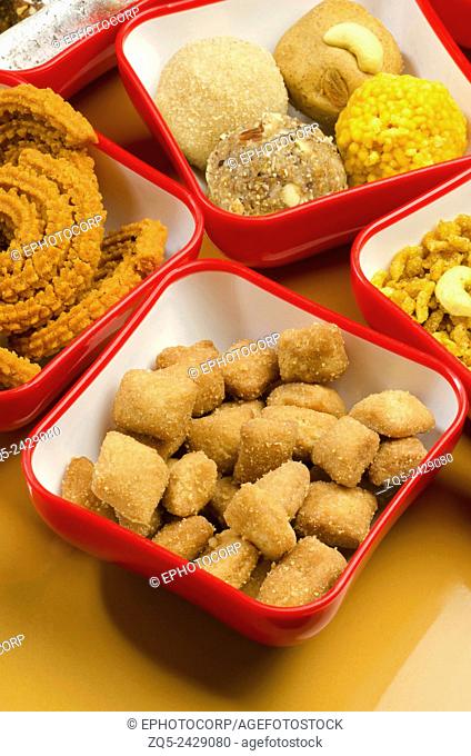 Shankarpali, Chakali, Laddu, Chivda and Namkeen. Typical Diwali snack items, Maharashtra, India