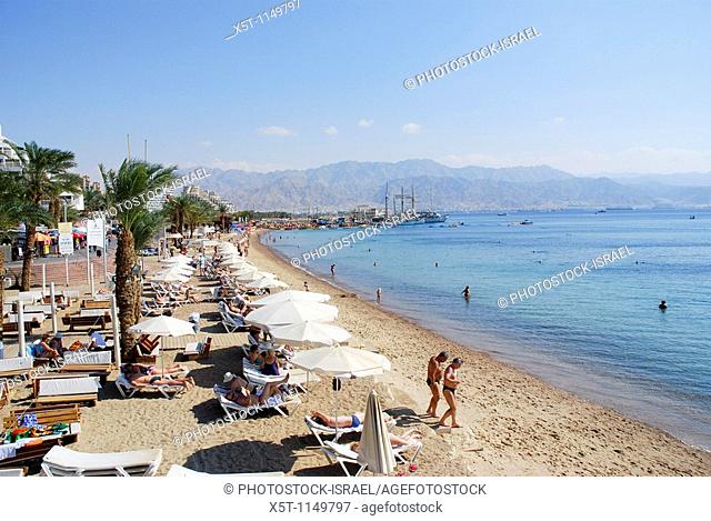 Israel, Eilat beach people, at leisure on the shore