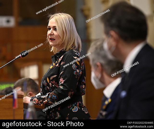 Czech Defence Minister Jana Cernochova, left, speaks during the extraordinary session of the Czech Senate on Russian aggression in Ukraine, on February 25, 2022
