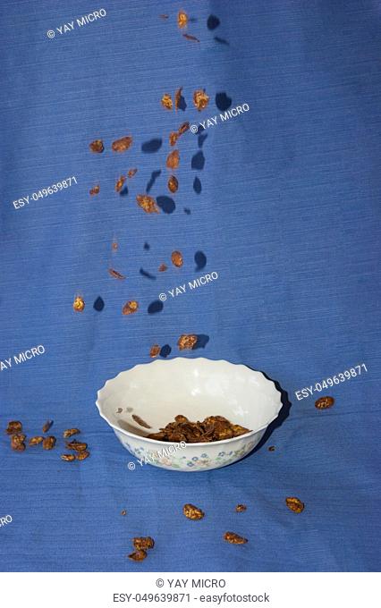chocolate cereals falling on a bowl with milk