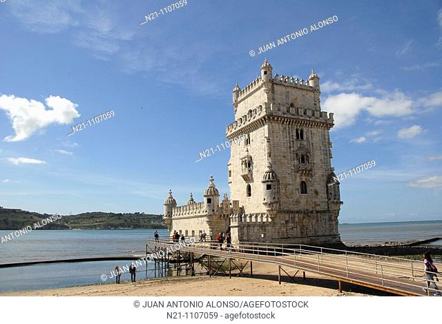 Torre de Belem. South view. Rennaissance style archways. Built in the 16th century in order to defend the Tagus river mouth. Belem, Lisbon, Portugal
