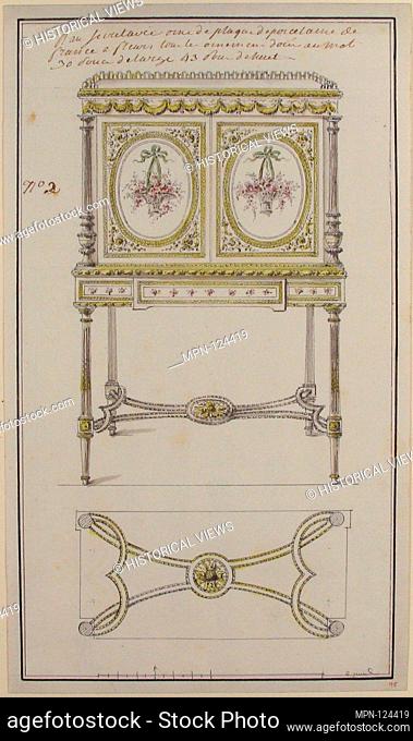Design for an Upright Drop-Front Secretary. Artist: Anonymous, French, 18th century; Date: ca. 1780; Medium: Pen and black ink, brush and gray and colored wash