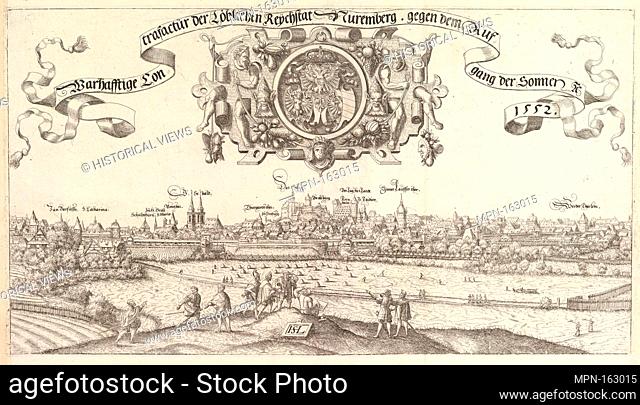View of Nuremberg, to the east, center plate. Artist: Hanns Lautensack (German, Bamberg (?) ca. 1520-1564/66 Vienna); Date: 1552; Medium: Etching; Dimensions:...