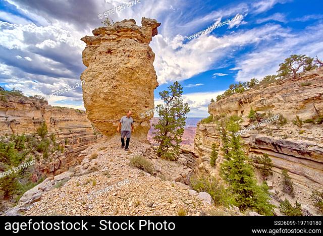 A man standing at the base of Loki's Rock at Grand Canyon Arizona east of Thor's Hammer Overlook
