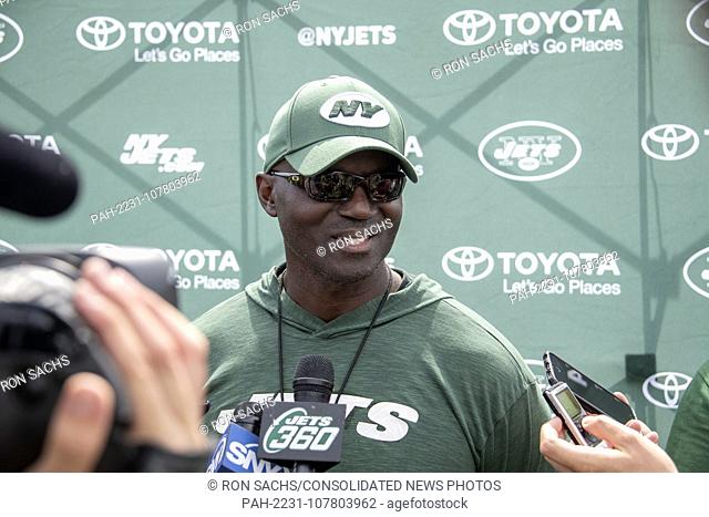 New York Jets head coach Todd Bowles meets reporters after his team participated in a joint training camp practice with the Washington Redskins at the...