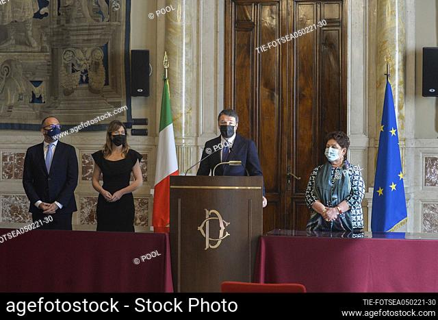 The delegation of Italia Viva party , from left Maria Elena Boschi, Matteo Renzi, Teresa Bellanova during a press conference after meeting with...