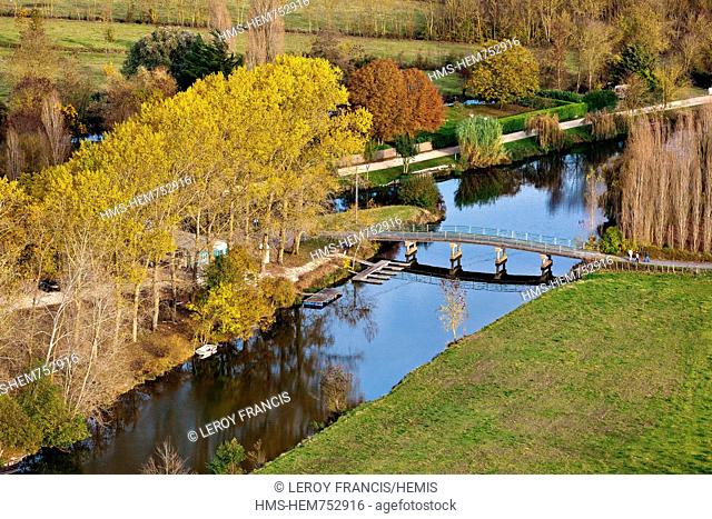 France, Charente Maritime, La Ronde, Marais Poitevin, poplars in automn near the Sevre Niortaise river aerial view