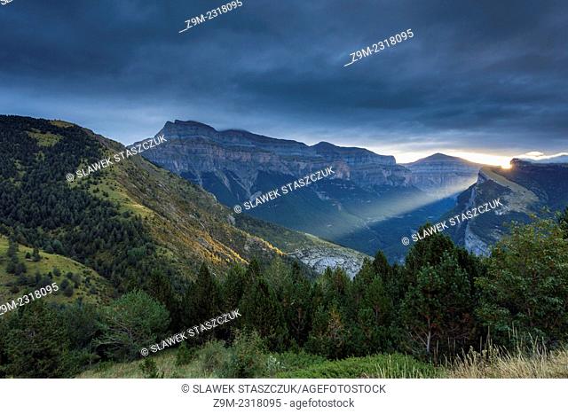 Sunrise at the entrance to Ordesa Canyon, Ordesa and Monte Perdido National Park, Pyrenees mountains
