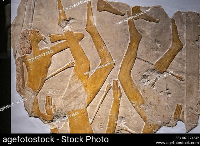 relief fragment of a battle scene, calcareous stone, reign of Mentuhotep II, Macedonian dynasty, 2055-2004 BC, temple of Mentuhotep II, Deir el-Bahari, Thebes