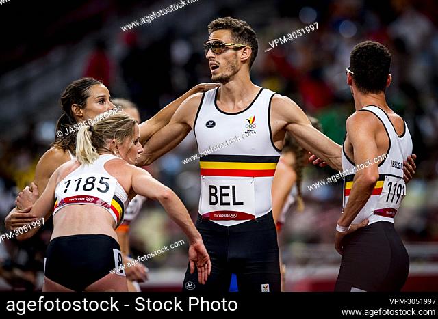 Belgian Camille Laus, Belgian Dylan Borlee and Belgian Kevin Borlee pictured after the final of the 4x400m mixed relay race on the ninth day of the 'Tokyo 2020...