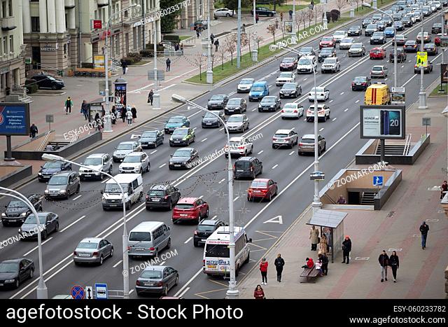 September 25, 2019. Belarus, Minsk. The stream of cars drives along the city street