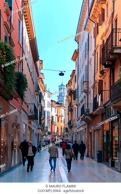 Walk in Via Giuseppe Mazzini street, Old Town, Verona, Veneto, Italy, Europe