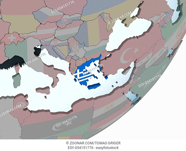 Greece on political globe with embedded flag. 3D illustration
