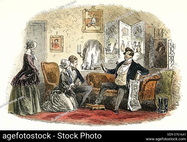 A model of parental deportment. Scene from Bleak House by Charles Dickens (London, 1852-1853) Satire novel on the iniquities of the Court of Chancery