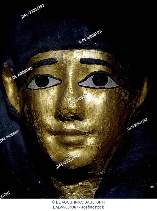 Funerary mask, cartonnage, plaster and gold leaf, 34 cm. Detail. Egyptian civilisation, Ptolemaic Period, Dynasty XXX.  Bologna
