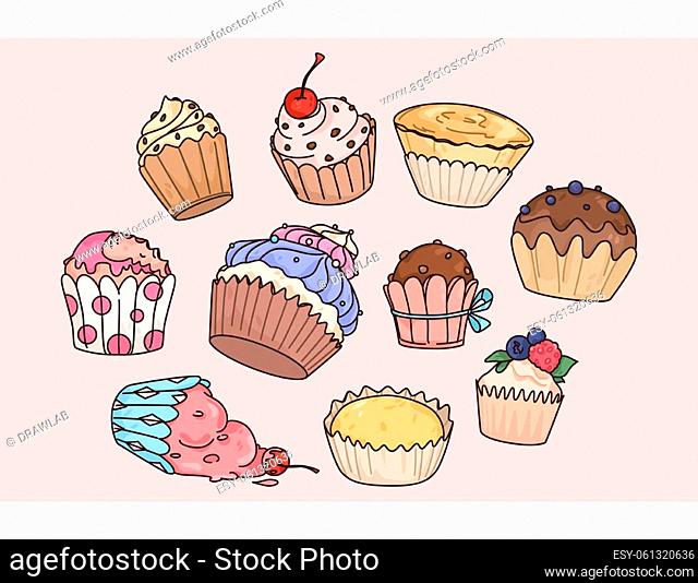 Set of various sweet cupcakes decorated with cream. Collection of muffins with fillings and toppings. Sweet dessert concept. Flat vector illustration