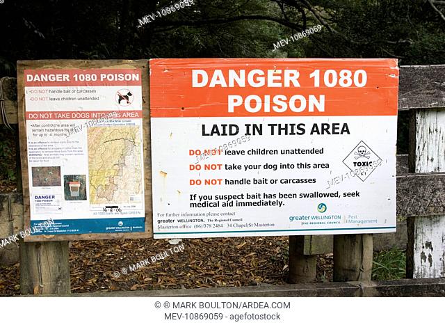 New Zealand - warning poison notice, possum control. . Tararua Forest Park near Mount Bruce - North Island