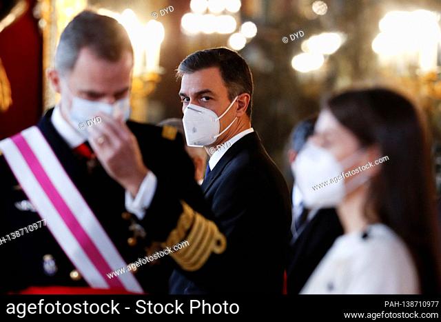 King Felipe VI. of Spain, , Pedro Sanchez and Queen Letizia of Spain at the military ceremony 'Pascua Militar' in the Palacio Real. Madrid, 06.01