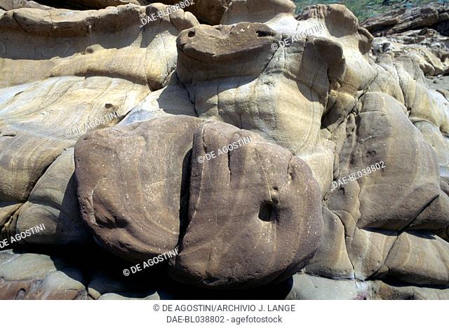 Rocks with striations, erosion, Lemnos island, Greece