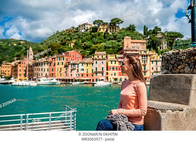 Woman at Portofino village on Ligurian coast, Italy