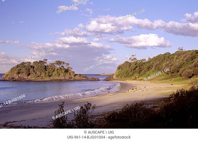 Boat Beach in Sugarloaf Bay with Statis Rock and beach fishermen, Seal Rocks, Great Lakes area, New South Wales, Australia. (Photo by: Auscape/UIG)