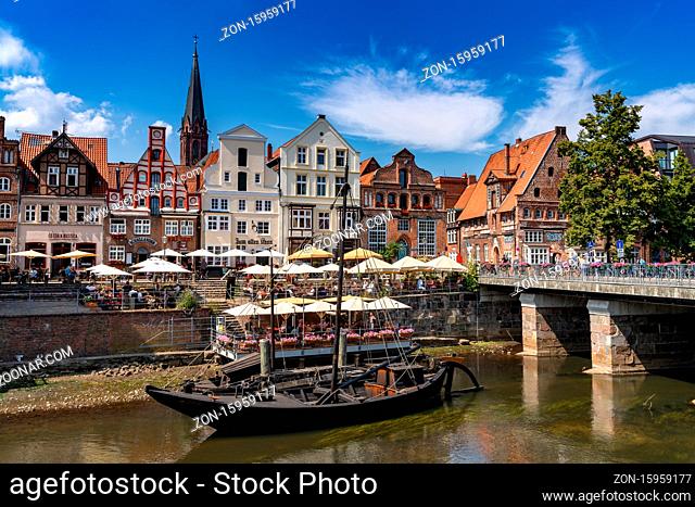 Lunenburg, LS, Germany - 8 August 2020: view of the river and the historic old city center of Luneburg in northern Germany