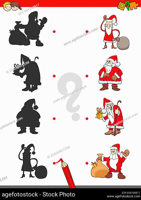 Cartoon Illustration of Matching Shadows Educational Activity for Children with Santa Claus Characters
