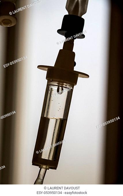 Closeup view of intravenous infusion drip equipment in hospital