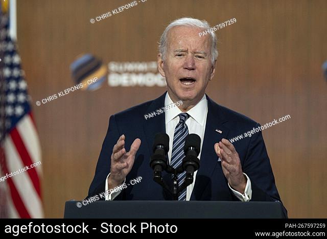 United States President Joe Biden makes closing remarks at the virtual Summit for Democracy in the South Court Auditorium at the White House in Washington, DC