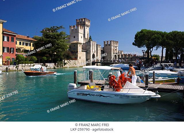 Port and Scaliger castle, Sirmione, lake Garda, Brescia province, Lombardy, Italy