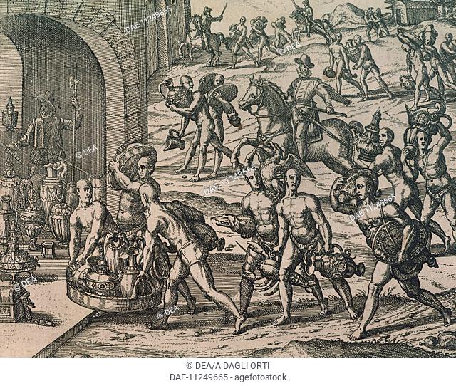 Natives carrying gold and silver to the conquerors, 1602, engraving from American History by Theodore de Bry.  Venice, Biblioteca Nazionale Marciana (National...