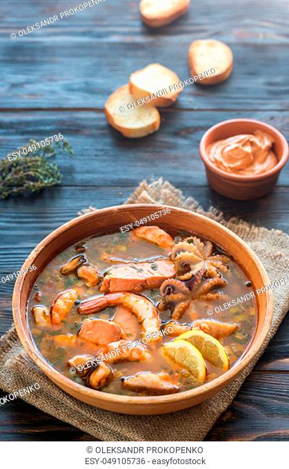 Bowl of Bouillabaisse - french soup with seafood