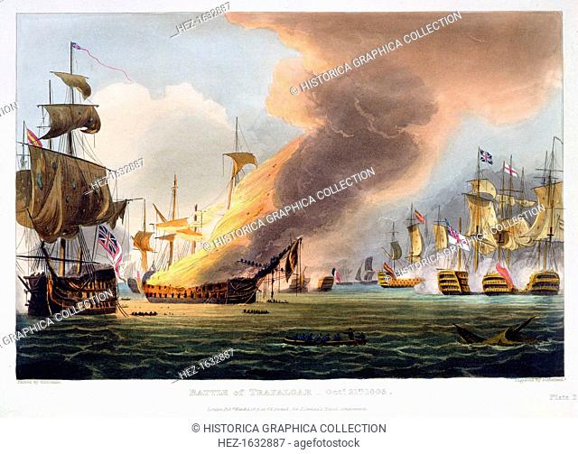 The Battle of Trafalgar, 21st October 1805 (1816). A French warship burns fiercely during Nelson's famous victory over the combined French and Spanish fleets
