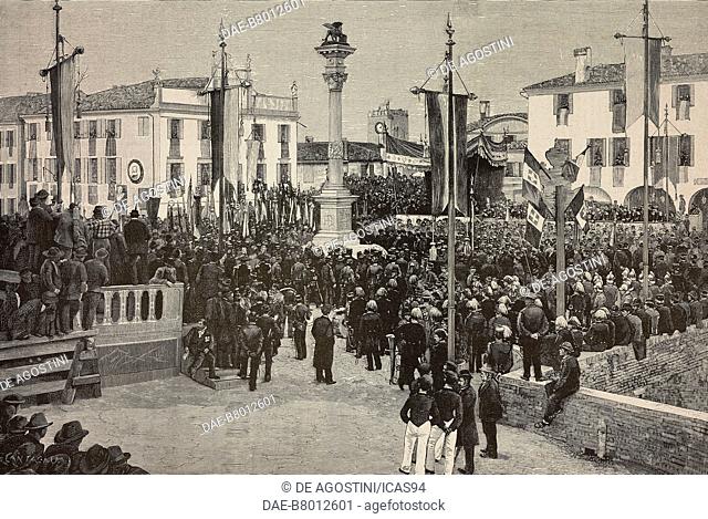 Inauguration of the monument (Colonna della Sortita) to the fallen of the Risorgimento, Mestre, Italy, from a photograph by G B Brusa