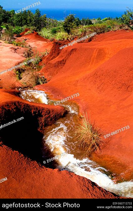 Ein Wasserfall gräbt sich durch rotes Gestein im Waimea Canyon, Kauai, Hawaii, USA. A small waterfall digging through red soil in the Waimea Canyon on Kauai