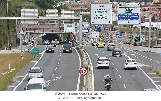 Car and truck traffic on the motorway, Gipuzkoa, Basque Country, Spain