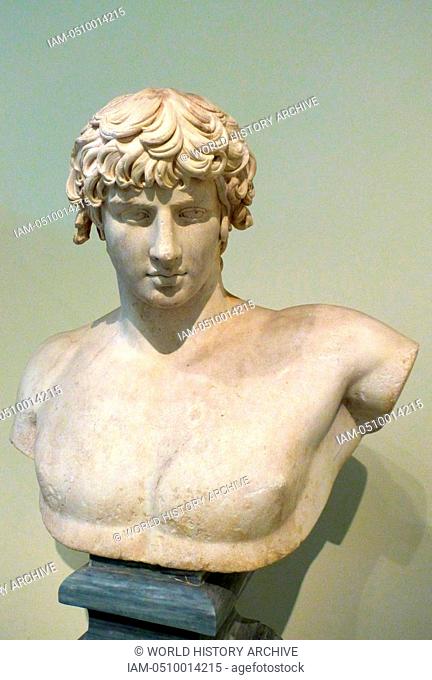 Portrait bust of Antinous. Thasian marble. Found at Patras. The youth Anthinoos of Bithyna, in Asia Minor was the favourite of the emperor Hadrian