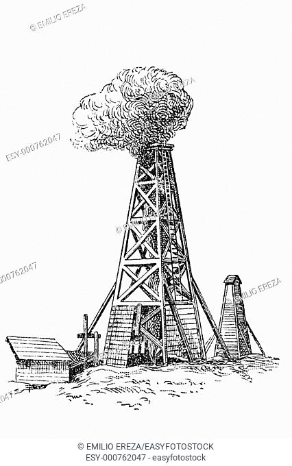 Oil well. Old Illustration 1900